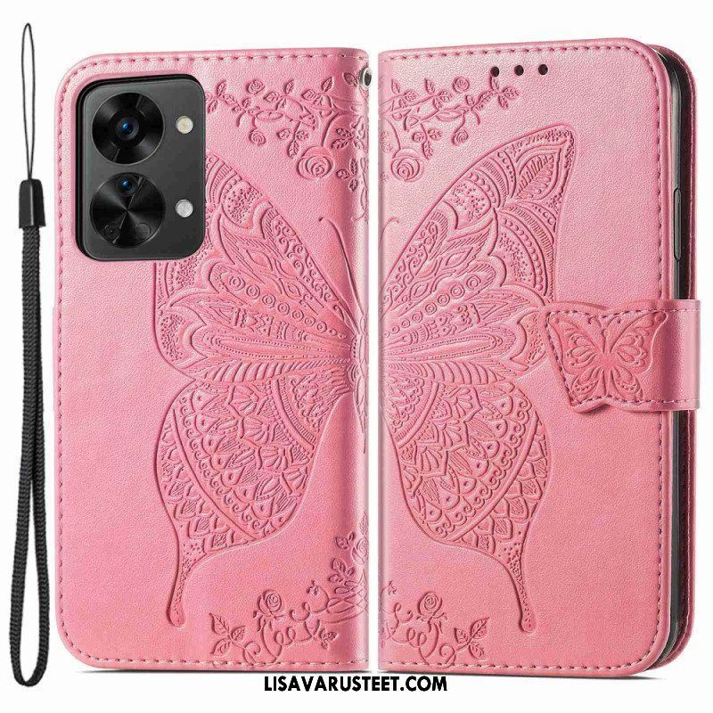 Flip Case OnePlus Nord 2T 5G Suojaketju Kuori Butterfly Lanyard -korttikotelo