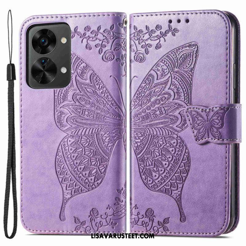 Flip Case OnePlus Nord 2T 5G Suojaketju Kuori Butterfly Lanyard -korttikotelo