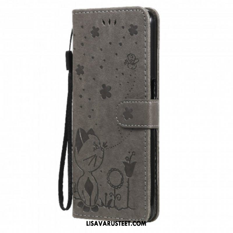 Flip Case Oppo A54 5G / A74 5G Suojaketju Kuori Kissa Ja Mehiläinen Kaulanauhalla