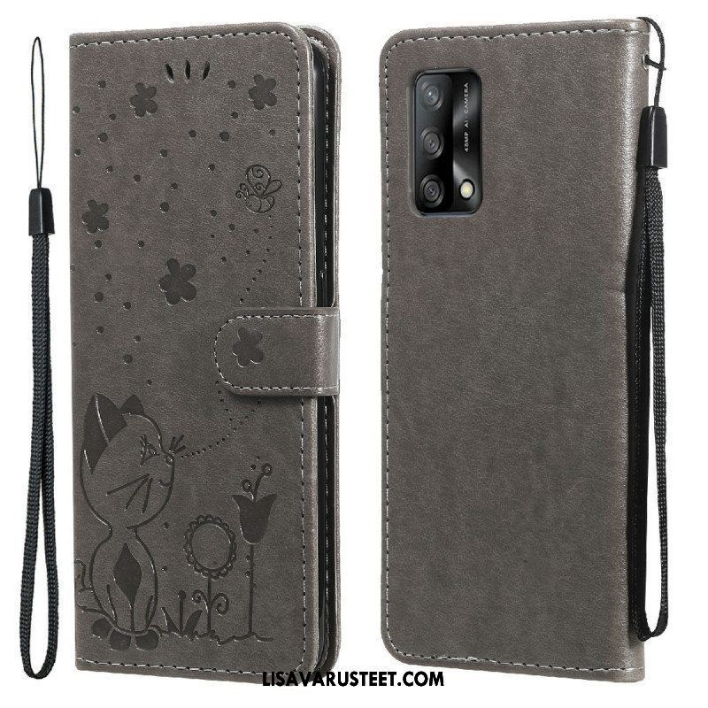 Flip Case Oppo A74 4G Suojaketju Kuori Kissa Ja Mehiläinen Kaulanauhalla