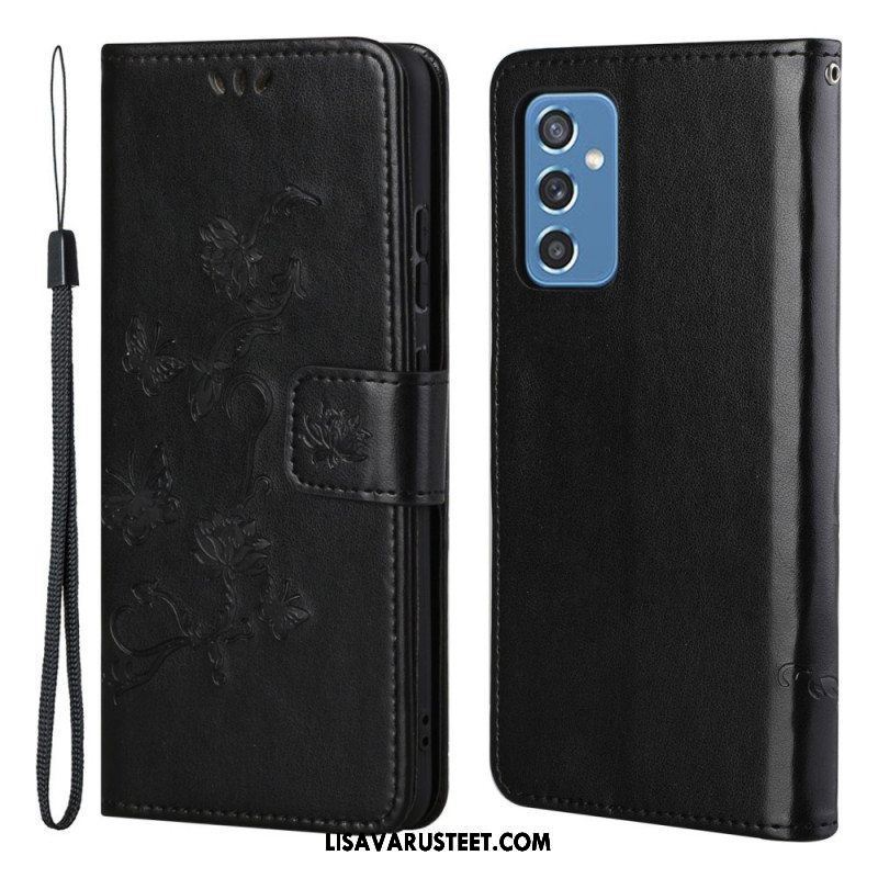 Flip Case Samsung Galaxy M52 5G Suojaketju Kuori Perhoset Ja Kukat -hihna