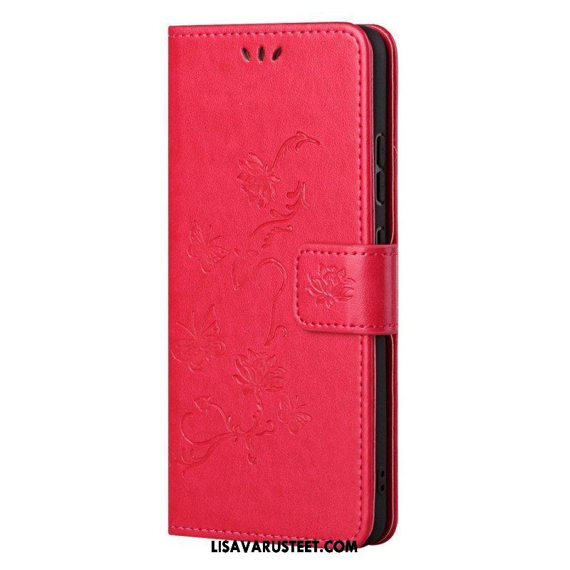 Flip Case Samsung Galaxy M52 5G Suojaketju Kuori Perhoset Ja Kukat -hihna