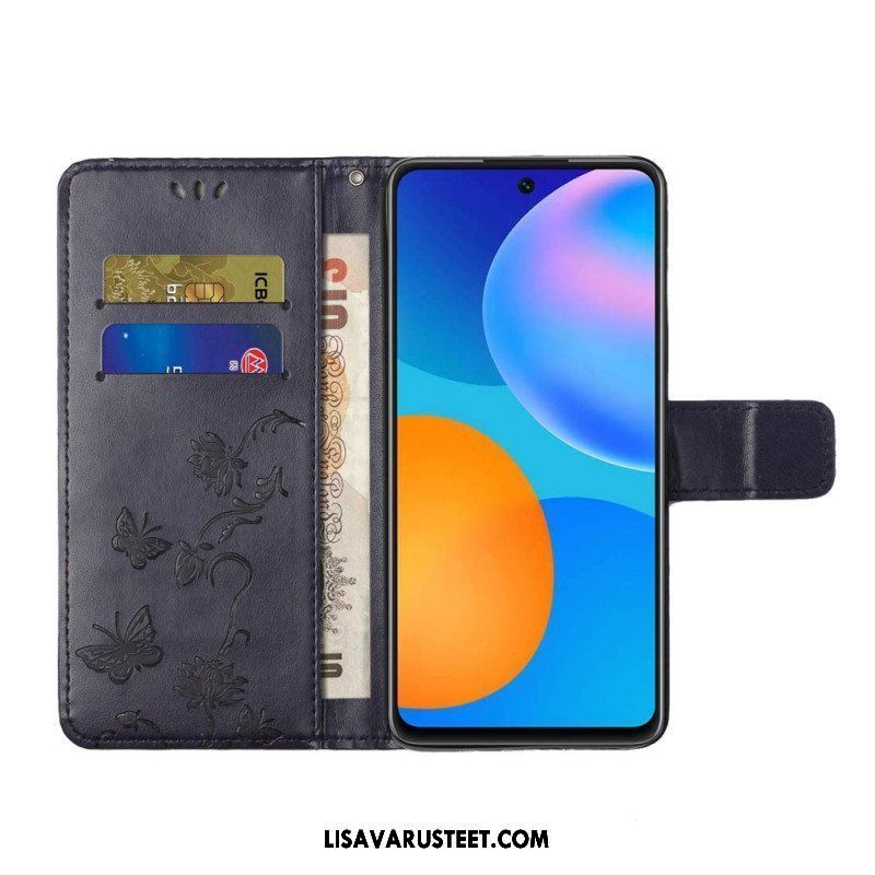 Flip Case Samsung Galaxy M52 5G Suojaketju Kuori Perhoset Ja Kukat -hihna