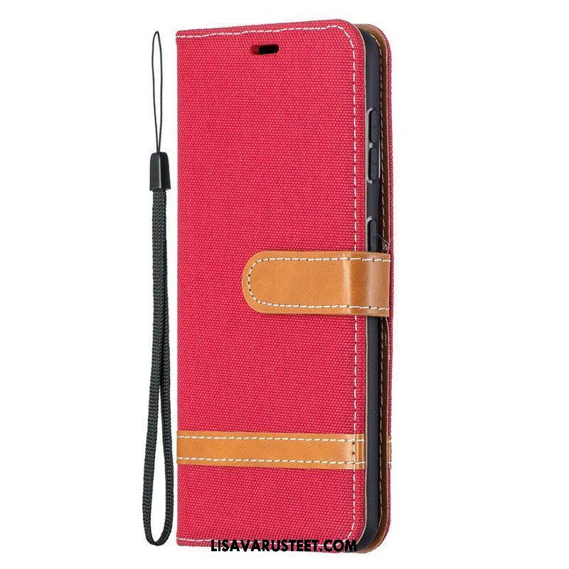 Flip Case Samsung Galaxy S21 5G Suojaketju Kuori Kangas- Ja Nahkaefektihihna