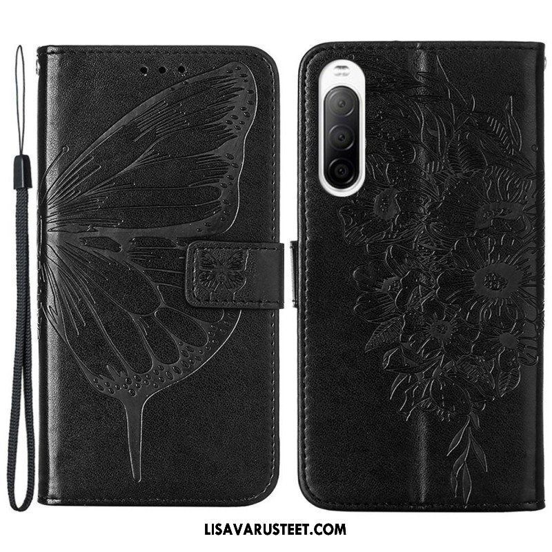 Flip Case Sony Xperia 10 IV Perhonen Kaulanauhalla