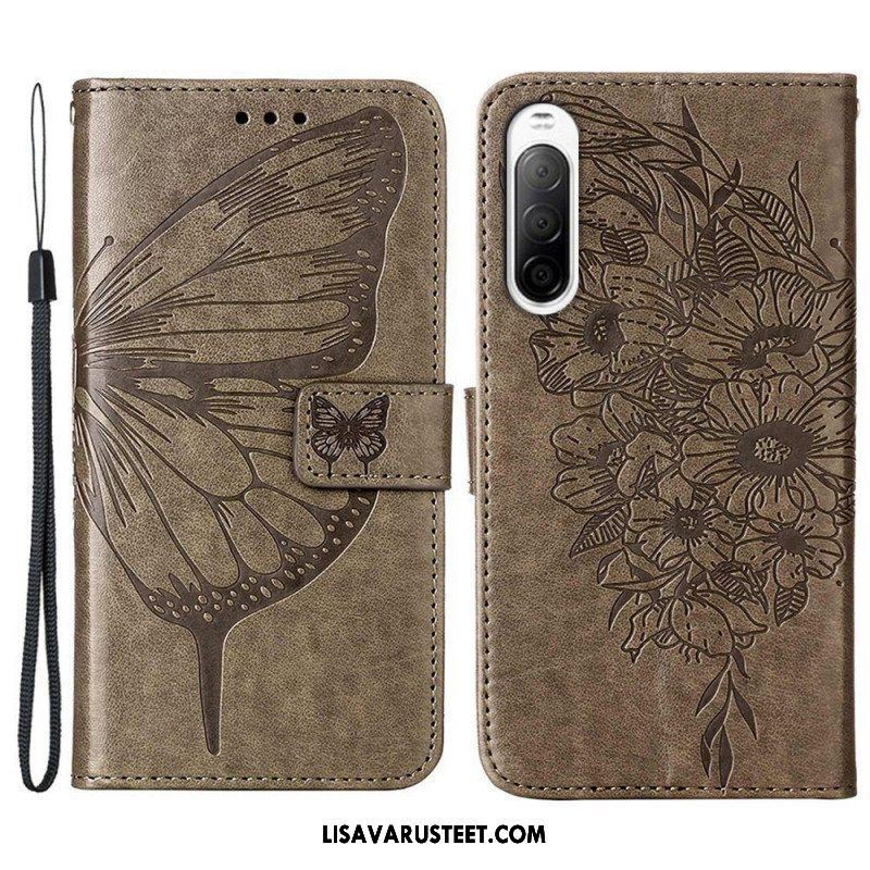 Flip Case Sony Xperia 10 IV Perhonen Kaulanauhalla