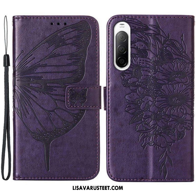 Flip Case Sony Xperia 10 IV Perhonen Kaulanauhalla