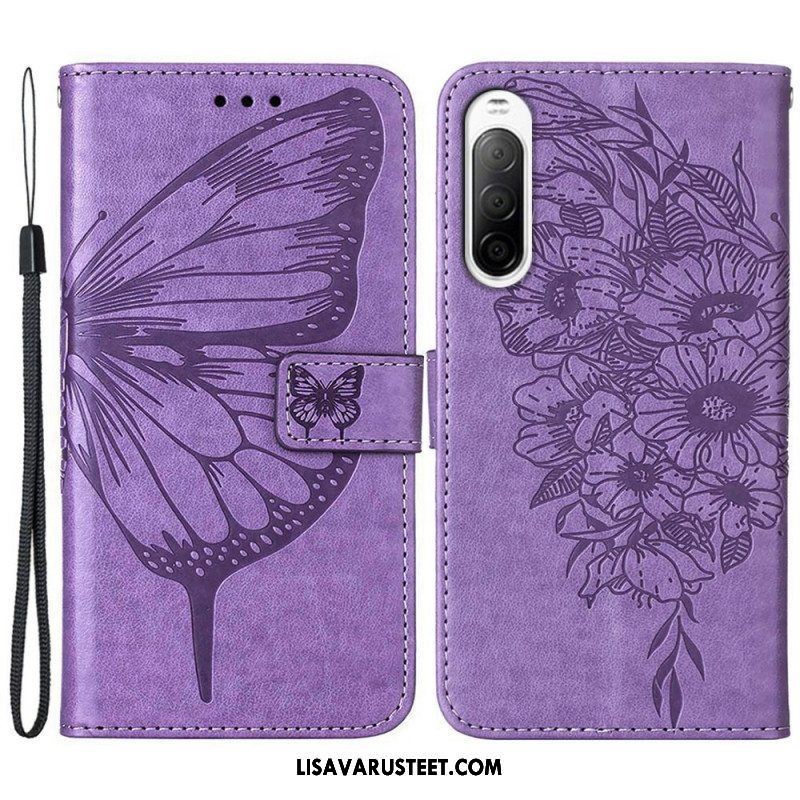 Flip Case Sony Xperia 10 IV Perhonen Kaulanauhalla