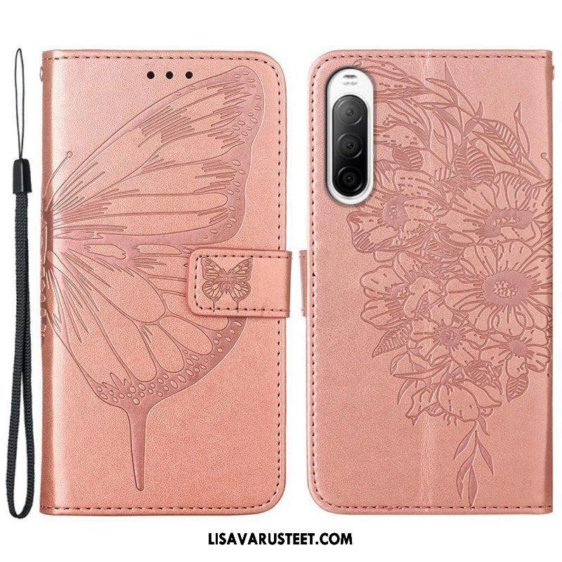 Flip Case Sony Xperia 10 IV Perhonen Kaulanauhalla