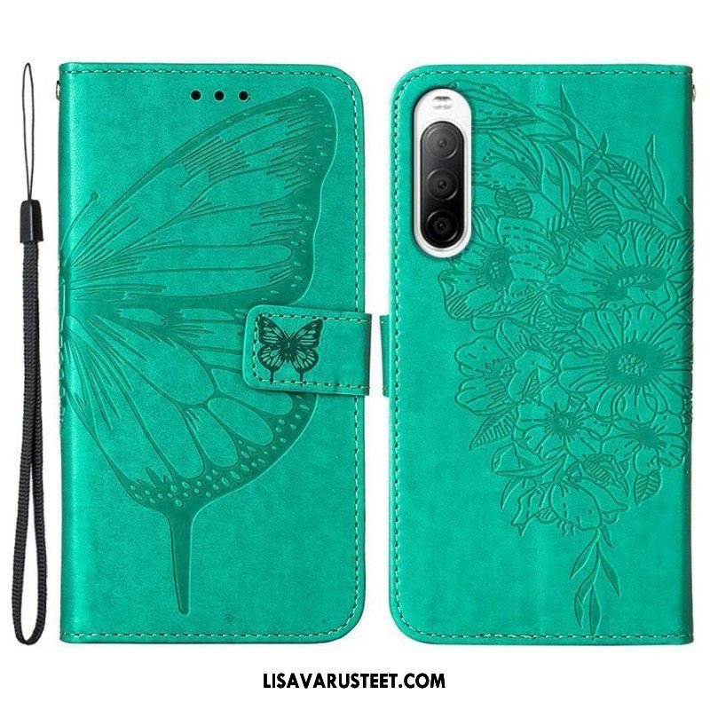 Flip Case Sony Xperia 10 IV Perhonen Kaulanauhalla