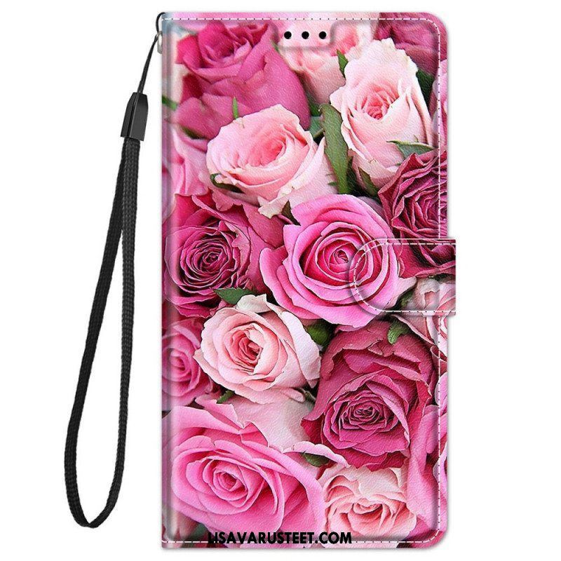 Flip Case Xiaomi Redmi Note 11 Pro Plus 5G Ruusuja Kaulanauhalla