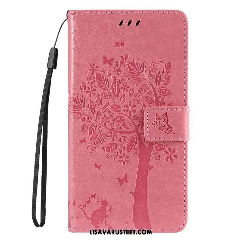 Kotelot Moto G73 5G Suojaketju Kuori Tree Ja Strappy Cat