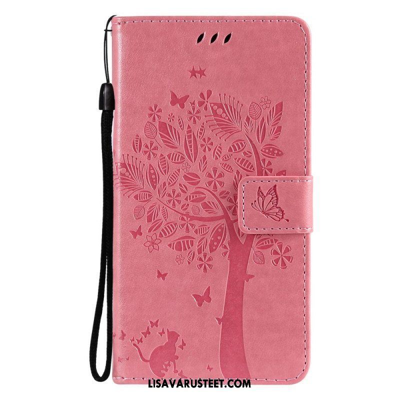 Nahkakotelo Samsung Galaxy M12 / A12 Suojaketju Kuori Tree Ja Strappy Cat