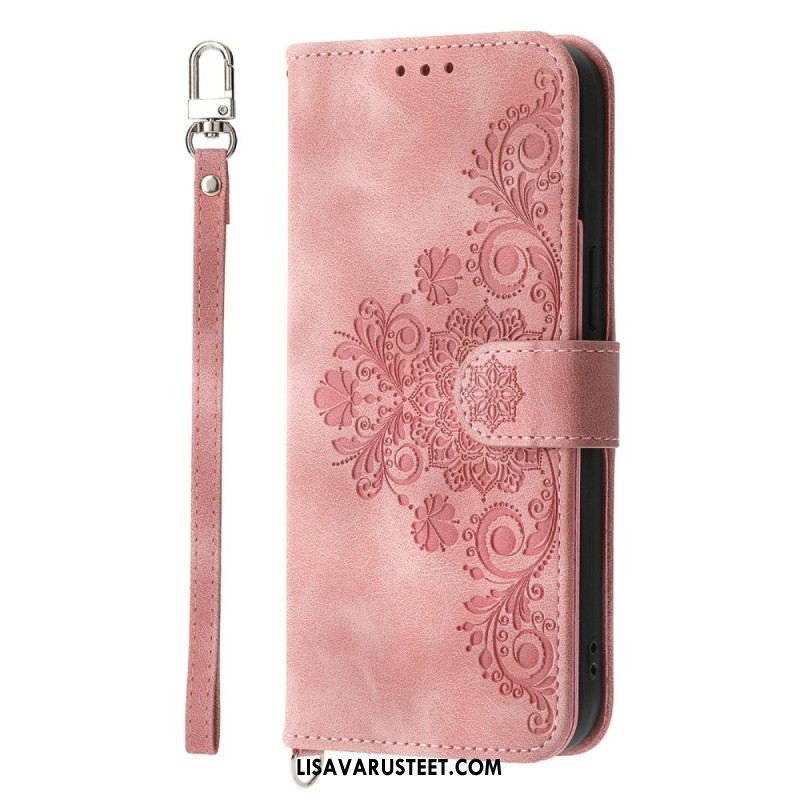 Nahkakotelo Samsung Galaxy S26 Kukallinen Mokkanahkakuvio Hihnoilla