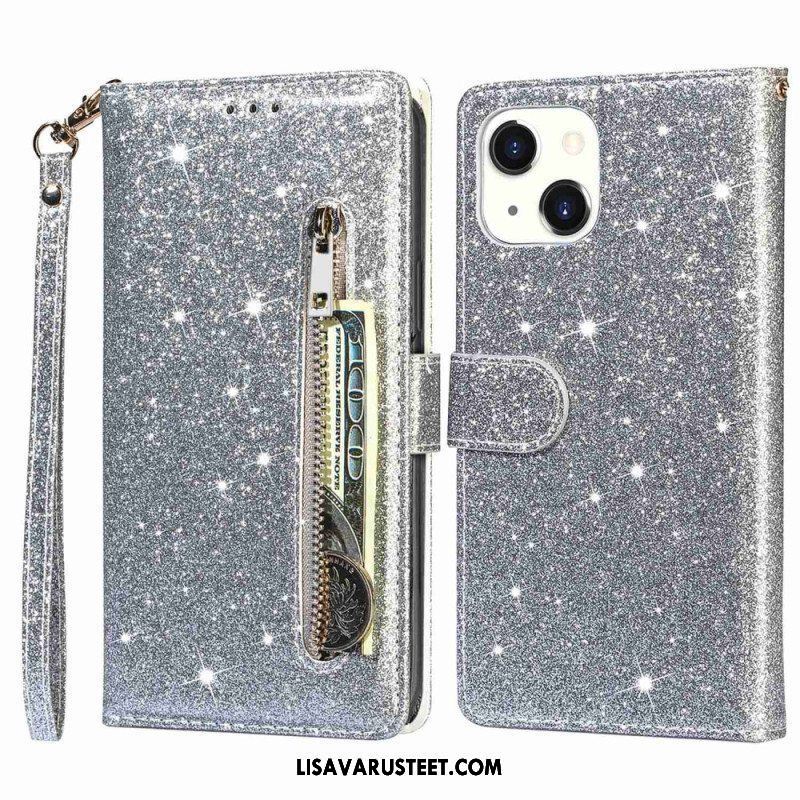 Nahkakotelo iPhone 14 Plus Glitter Kolikkopussi