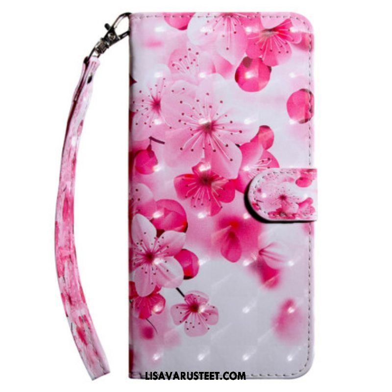 Flip Case Samsung Galaxy A14 / A14 5G Suojaketju Kuori Olkaimet Vaaleanpunaiset Kukat