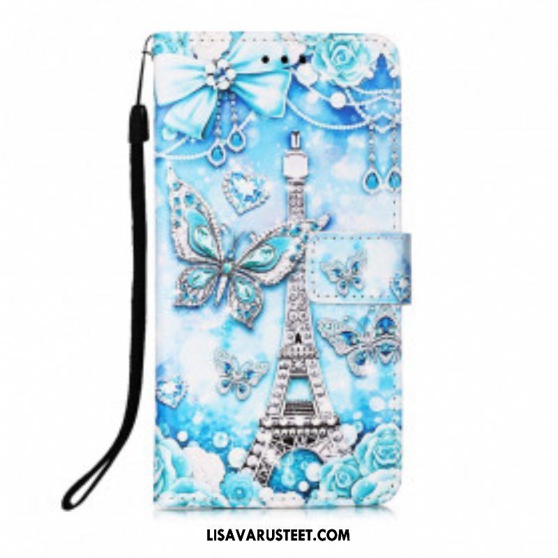 Flip Case Samsung Galaxy M12 / A12 Suojaketju Kuori Eiffel-tornin Perhoshihna