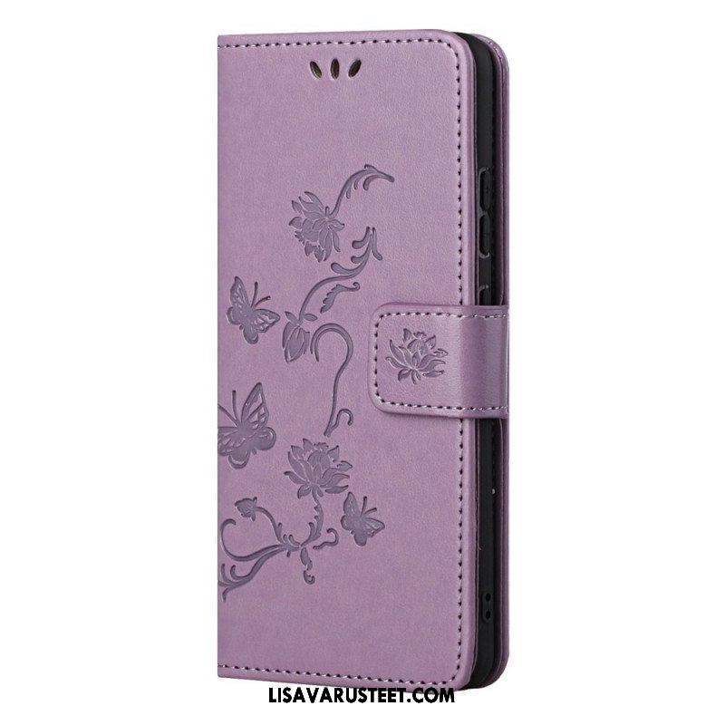 Flip Case Samsung Galaxy M52 5G Suojaketju Kuori Perhoset Ja Kukat -hihna