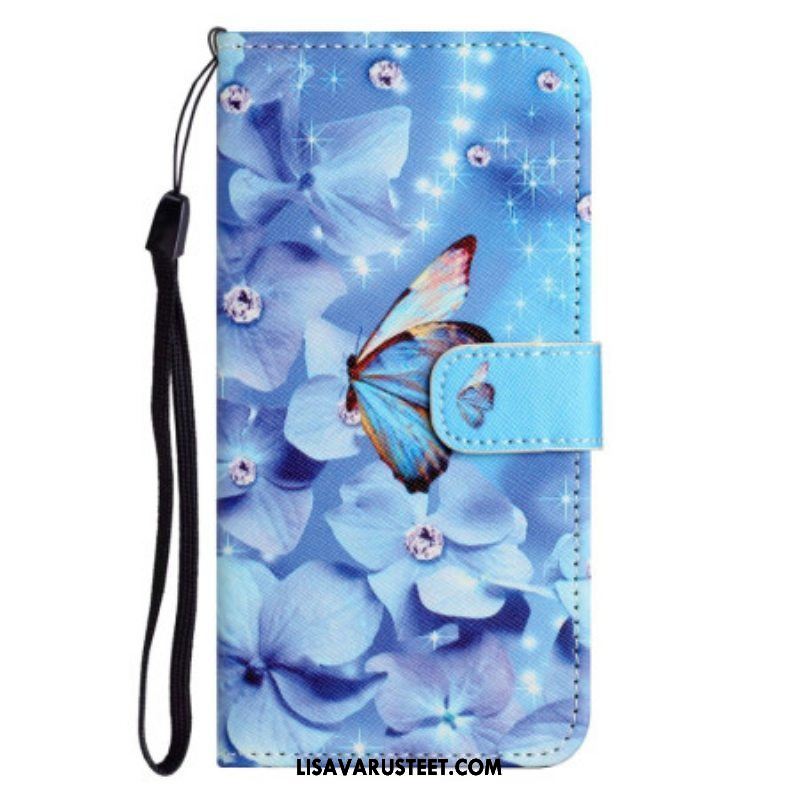 Flip Case Samsung Galaxy S23 5G Suojaketju Kuori Strappy Diamond Perhoset