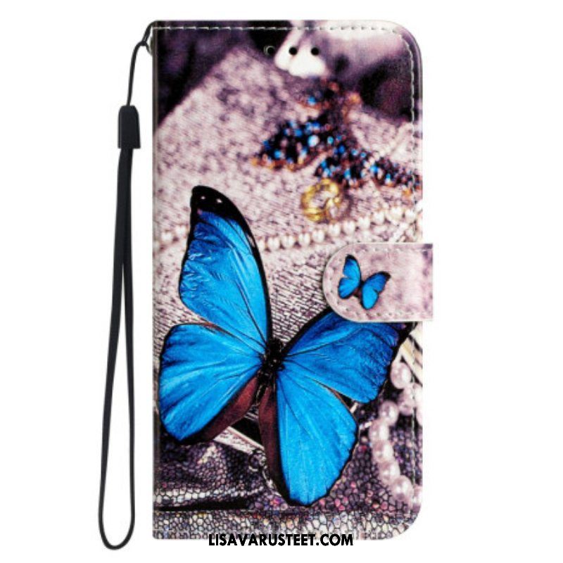Kotelot Moto G73 5G Suojaketju Kuori Precious Blue Butterfly Hihnalla