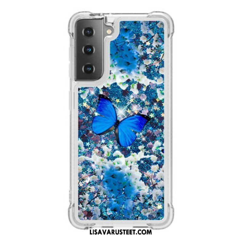 Kuori Samsung Galaxy S21 5G Glitter Blue Perhoset