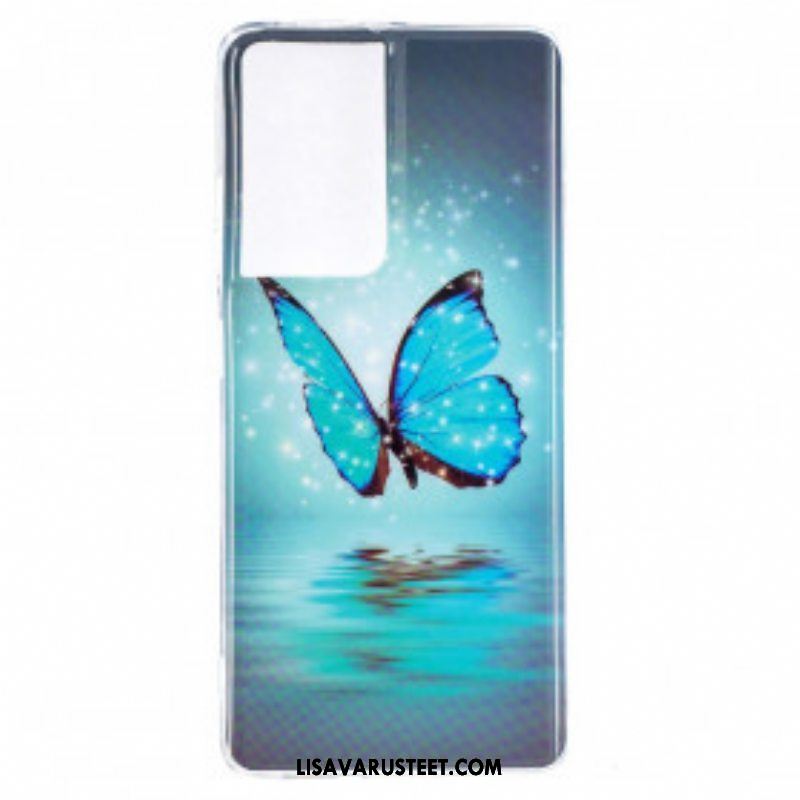 Kuori Samsung Galaxy S21 Ultra 5G Fluoresoiva Sininen Perhonen