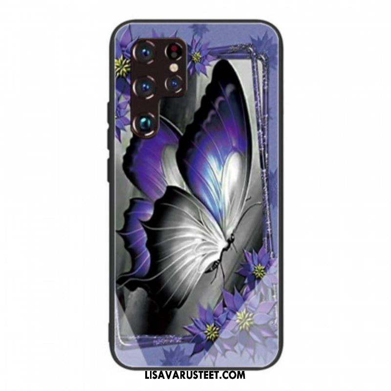 Kuori Samsung Galaxy S22 Ultra 5G Purple Butterfly Karkaistu Lasi