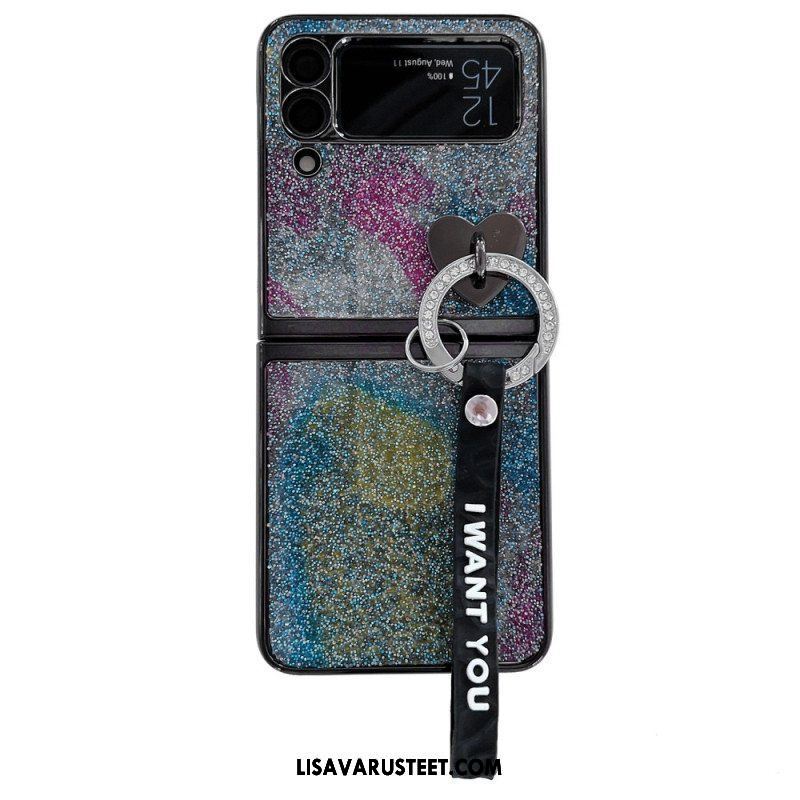 Kuori Samsung Galaxy Z Flip 3 5G Kotelot Flip Paljetteja Charms Ja Lanyard