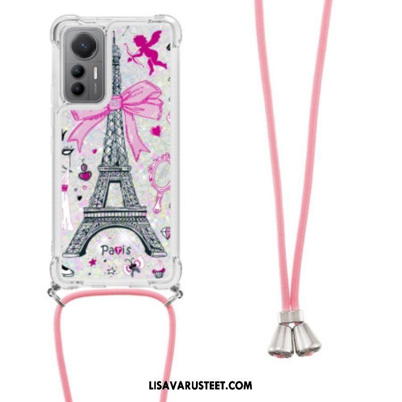 Kuori Xiaomi 12 Lite Kiristysnyörillä Eiffel-tornin Kimaltava Kiristysnyöri
