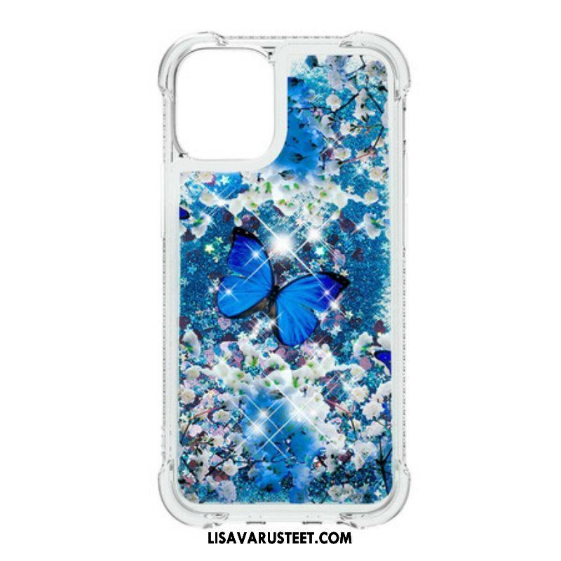 Kuori iPhone 13 Pro Max Glitter Blue Perhoset