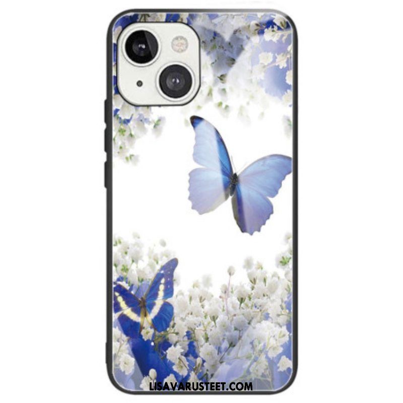 Kuori iPhone 14 Blue Butterflies Karkaistu Lasi