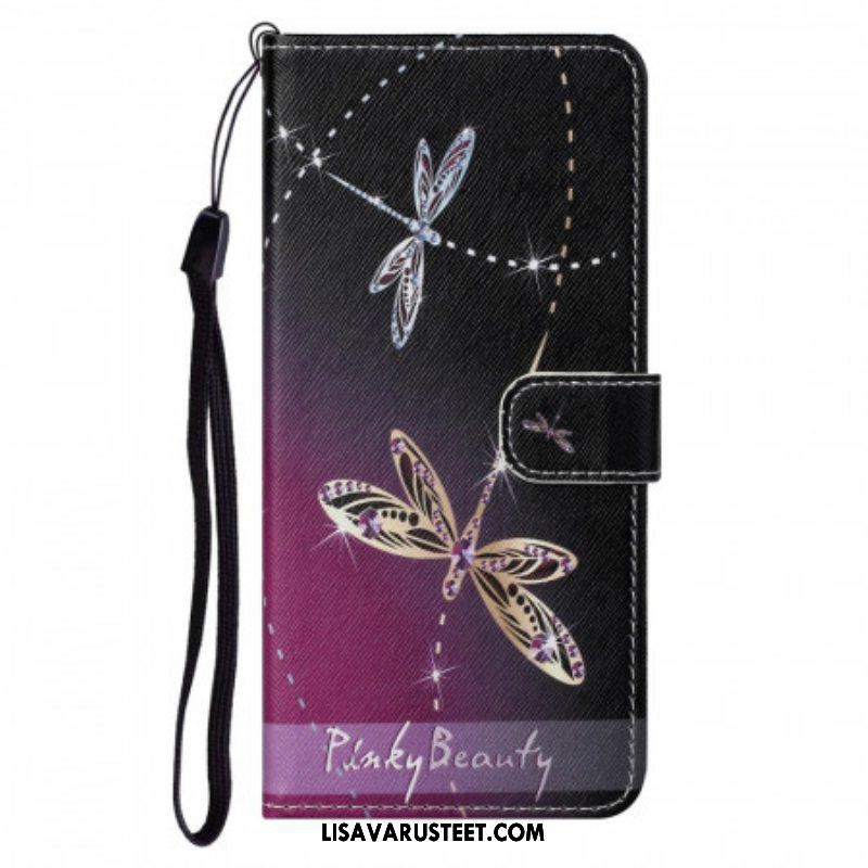 Nahkakotelo Moto G71 5G Suojaketju Kuori Strappy Dragonflies