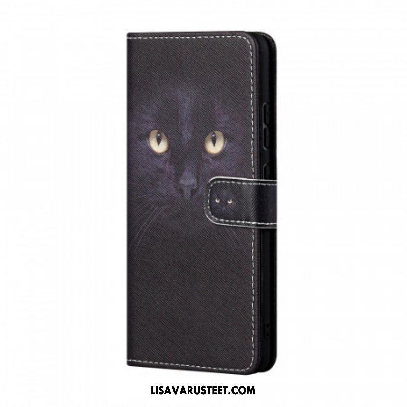 Nahkakotelo Samsung Galaxy A13 5G / A04s Suojaketju Kuori Strappy Black Cat Eyes