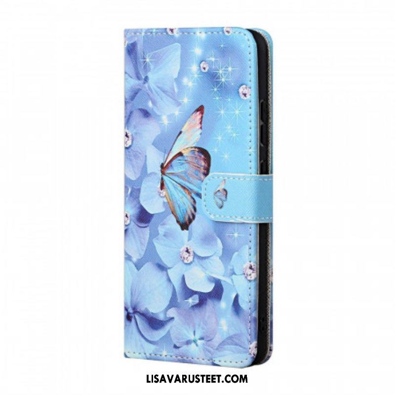 Nahkakotelo Samsung Galaxy M23 5G Suojaketju Kuori Strappy Diamond Perhoset