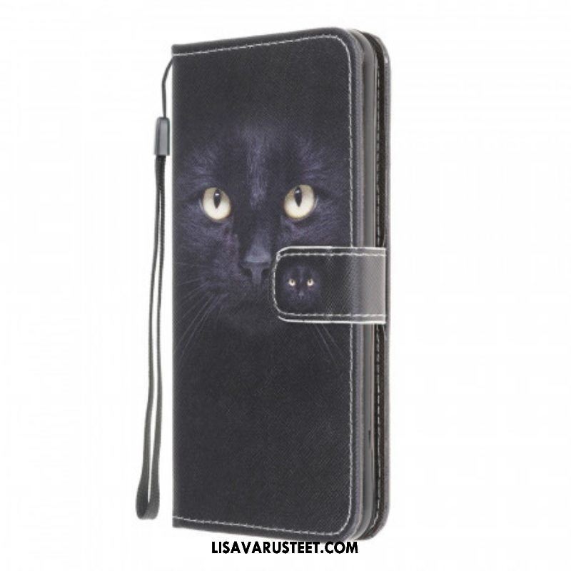 Nahkakotelo Samsung Galaxy M32 Suojaketju Kuori Strappy Black Cat Eyes