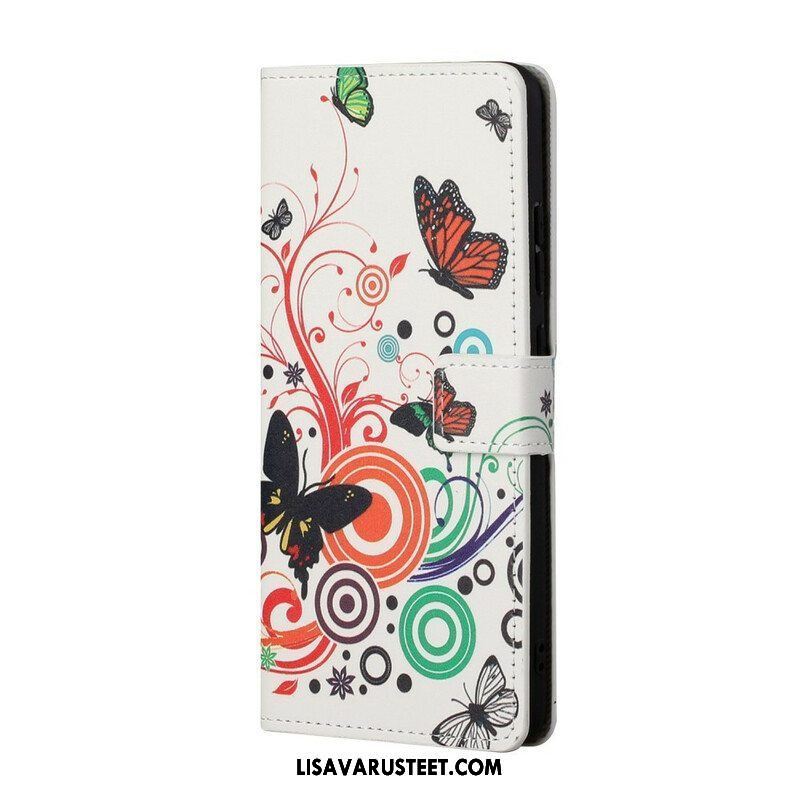 Nahkakotelo Samsung Galaxy S21 5G Perhosia Ja Kukkia