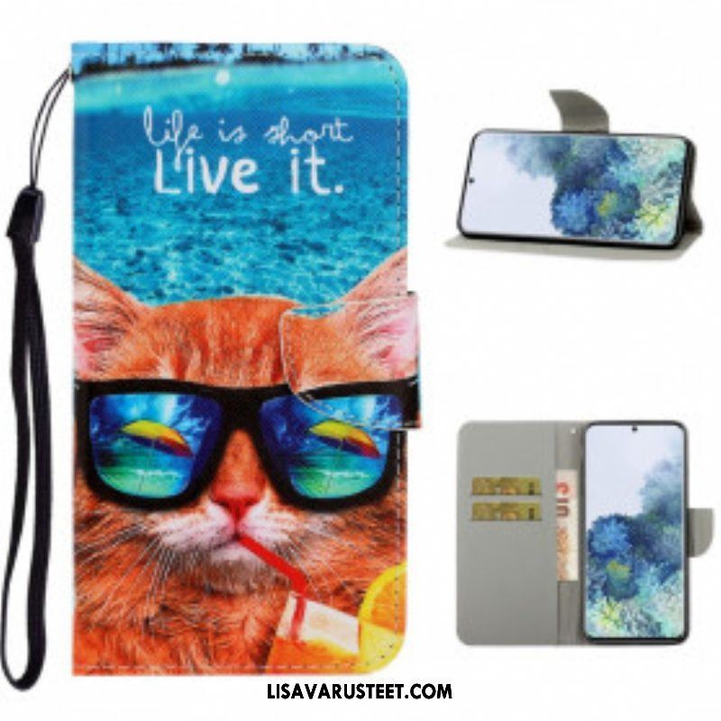 Nahkakotelo Samsung Galaxy S21 Ultra 5G Suojaketju Kuori Cat Live It Strappy