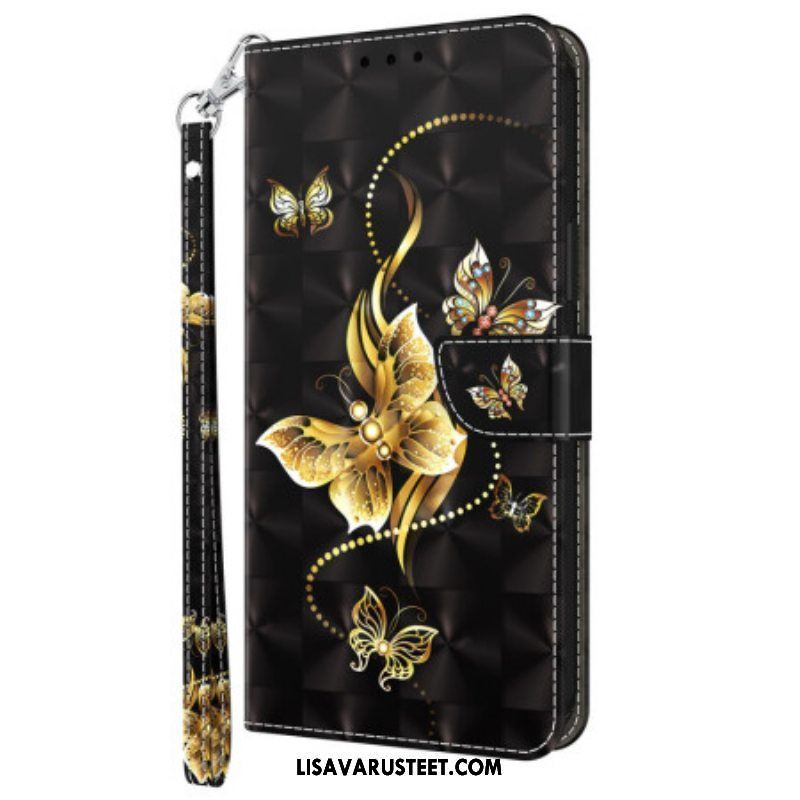Nahkakotelo Samsung Galaxy S23 5G Suojaketju Kuori Butterflies Kultainen Hihna
