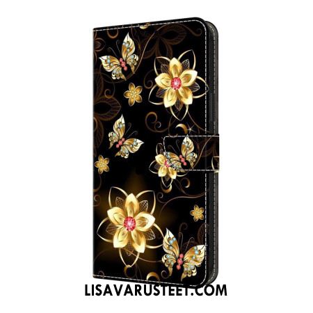 Nahkakotelo Samsung Galaxy S25 Fe Kultaisia Kukkia Ja Perhosia