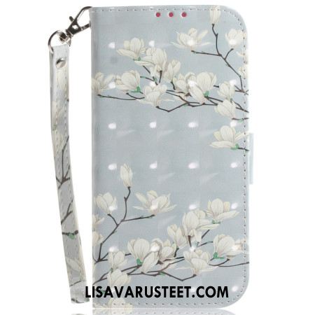 Nahkakotelo Xiaomi 15 Magnoliakuvioinen Kaulanauha