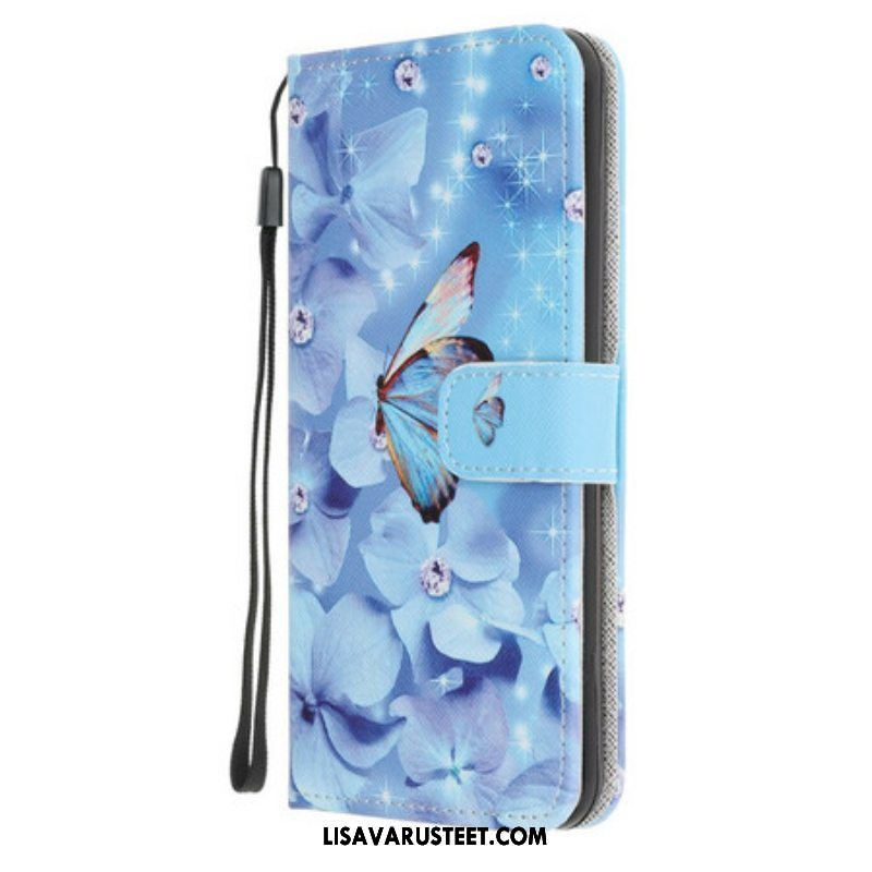 Nahkakotelo iPhone 13 Pro Suojaketju Kuori Strappy Diamond Perhoset
