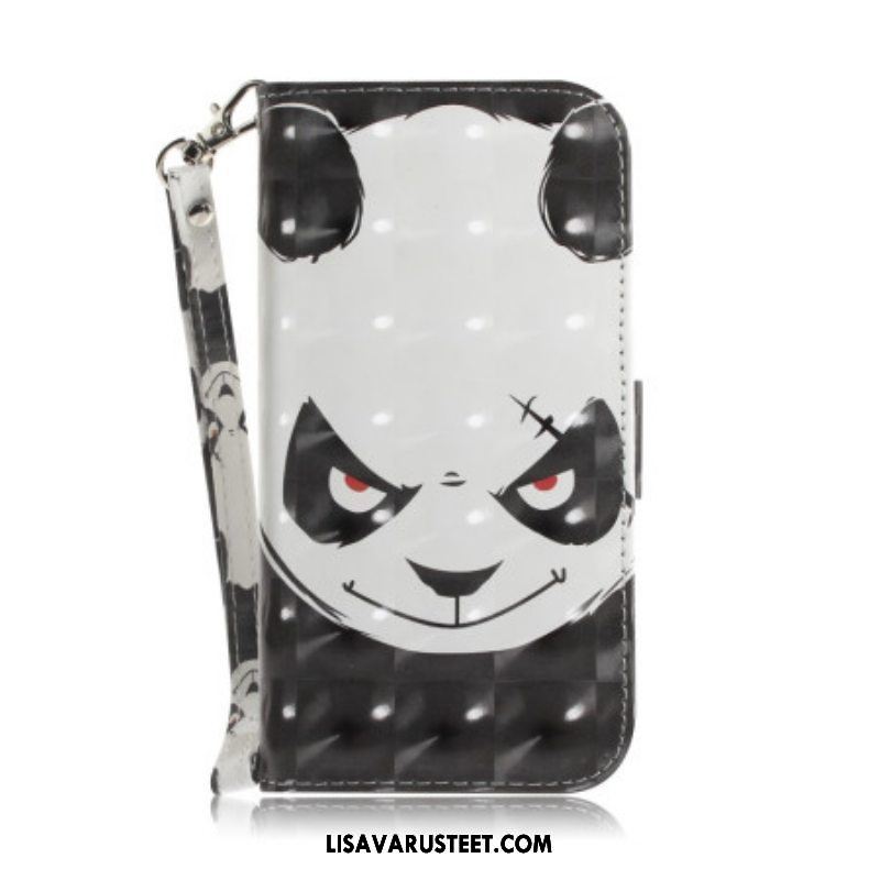 Nahkakotelo iPhone 14 Plus Suojaketju Kuori Vihainen Panda Kaulanauhan Kanssa