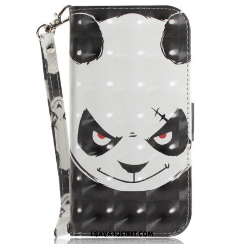 Nahkakotelo iPhone 15 Plus Suojaketju Kuori Vihainen Panda Hihnalla