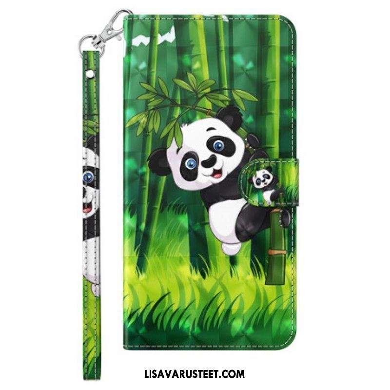 Nahkakotelo iPhone 15 Pro Suojaketju Kuori 3d Bamboo Panda Hihnalla